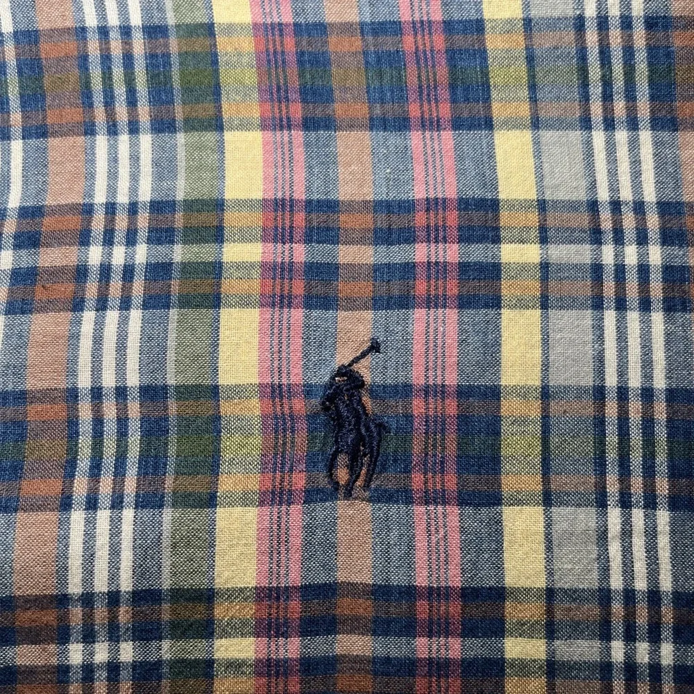 VTG Ralph Lauren Mcmeel Short Sleeve Plaid Polo Button Down Shirt Navy Pony SZ L